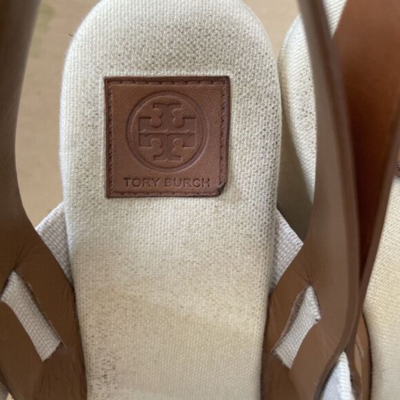 Tory Burch Sandals 9.5 Espadrille Slingback Cream Brown Canvas Casual Wedges - Picture 5 of 11